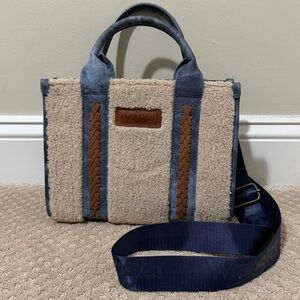Wrangler Cream Sherpa Tote with Blue Denim and Brown Accents